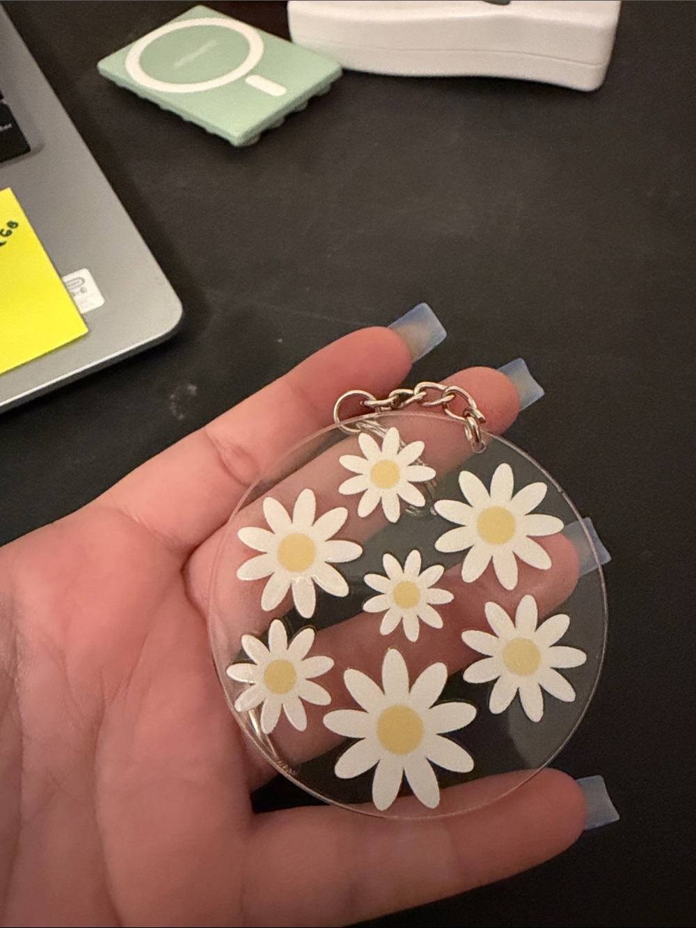 Hand Crafted Clear Daisy Keychain with White and Yellow Flowers